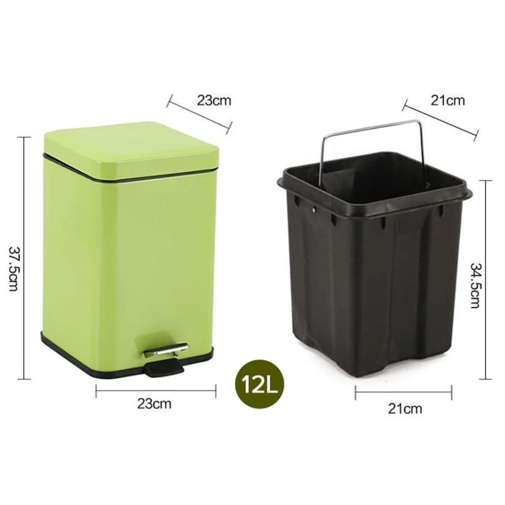 Foot Pedal Stainless Steel Rubbish Recycling Garbage Waste Trash Bin Square 12L - Green - Premium