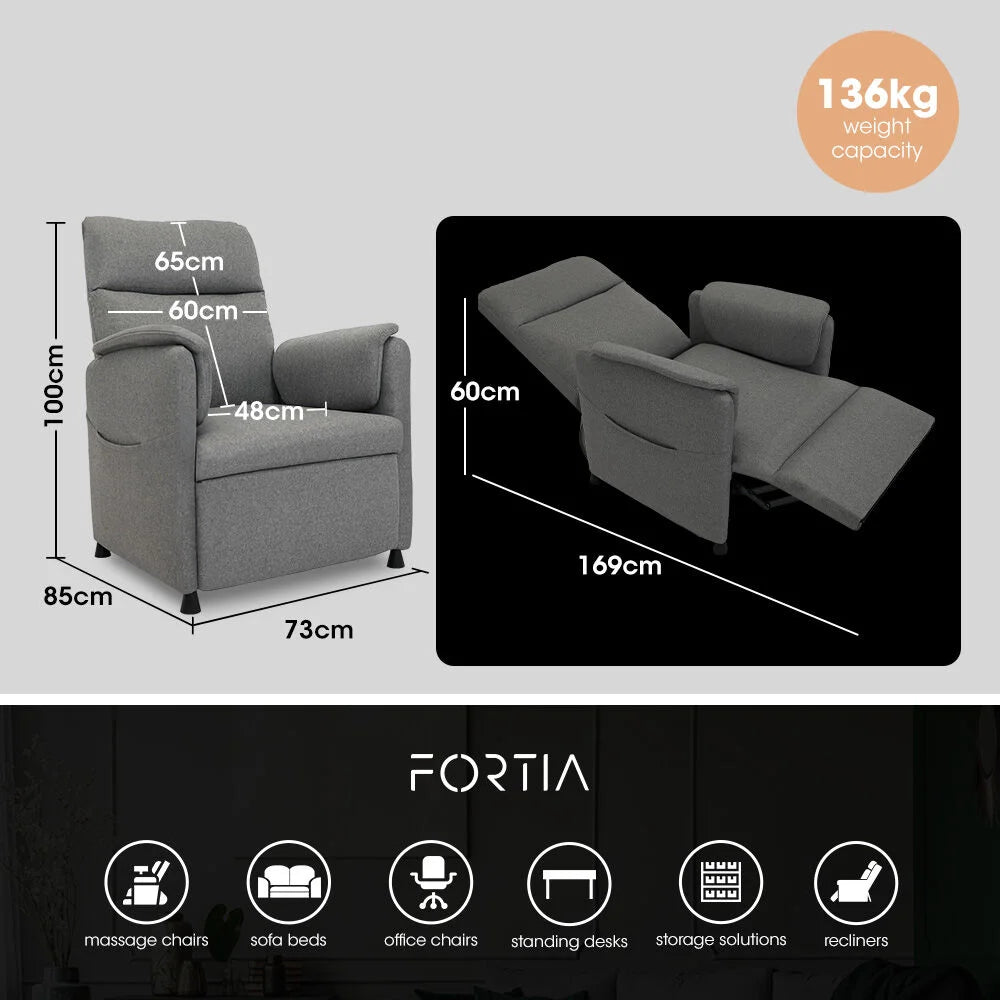 FORTIA Electric Armchair Recliner Single Fabric Chair Grey