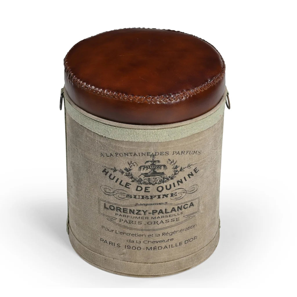 FRENCH CANVAS LEATHER PERFUME OTTOMAN - Furniture > Living