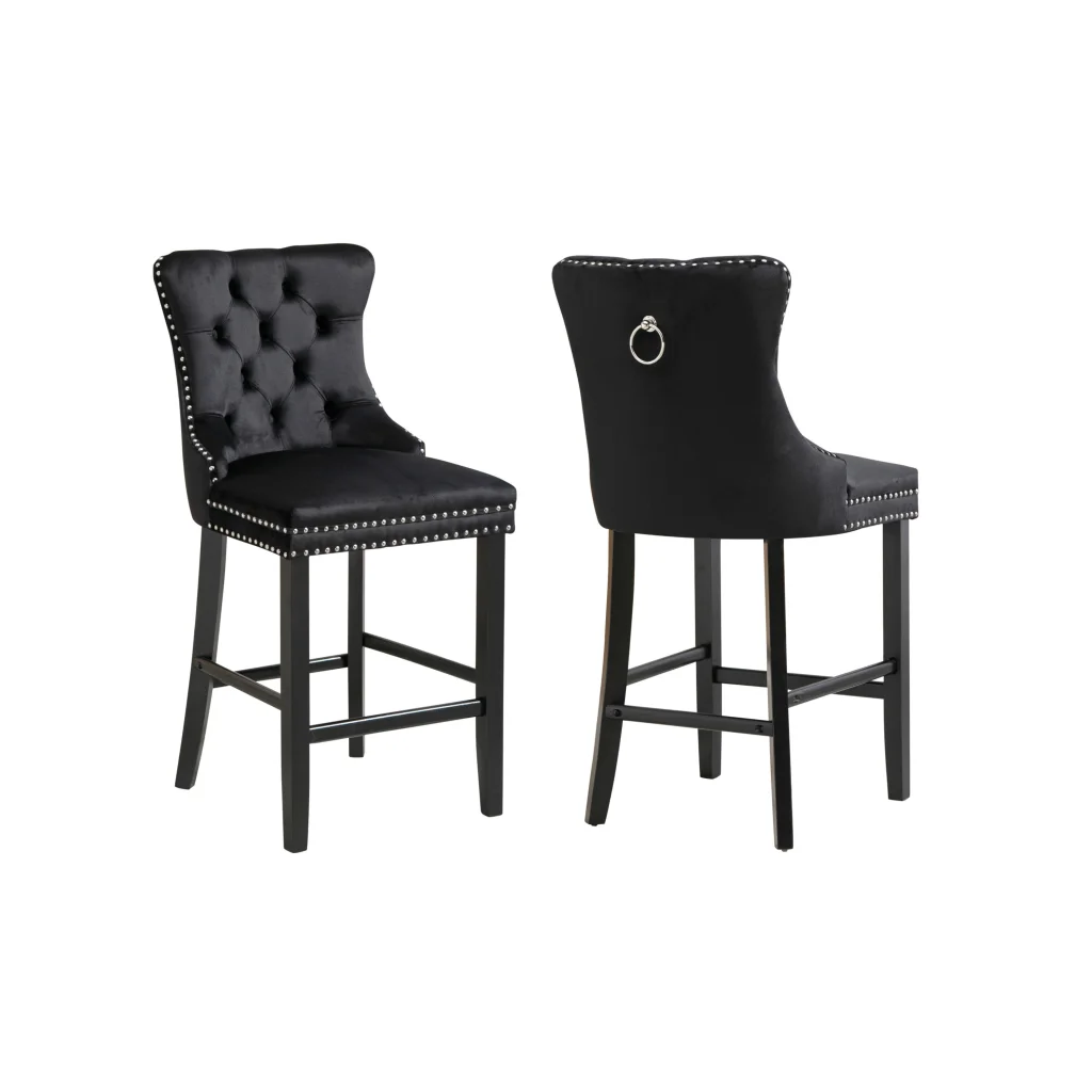 French Provincial Black Bar Stools with Footrest - Set of 2