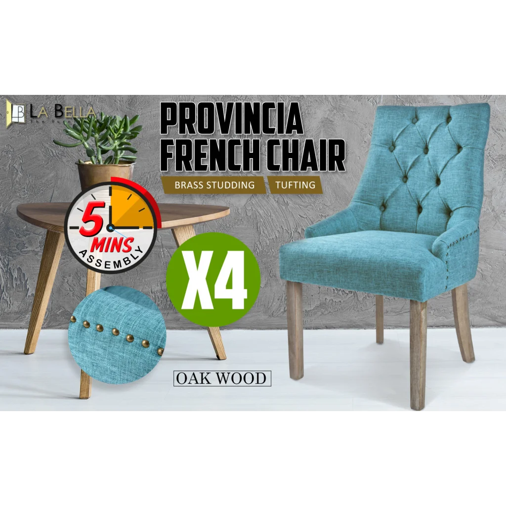 French Provincial Dining Chair Amour Oak Leg Set of 4 - Blue