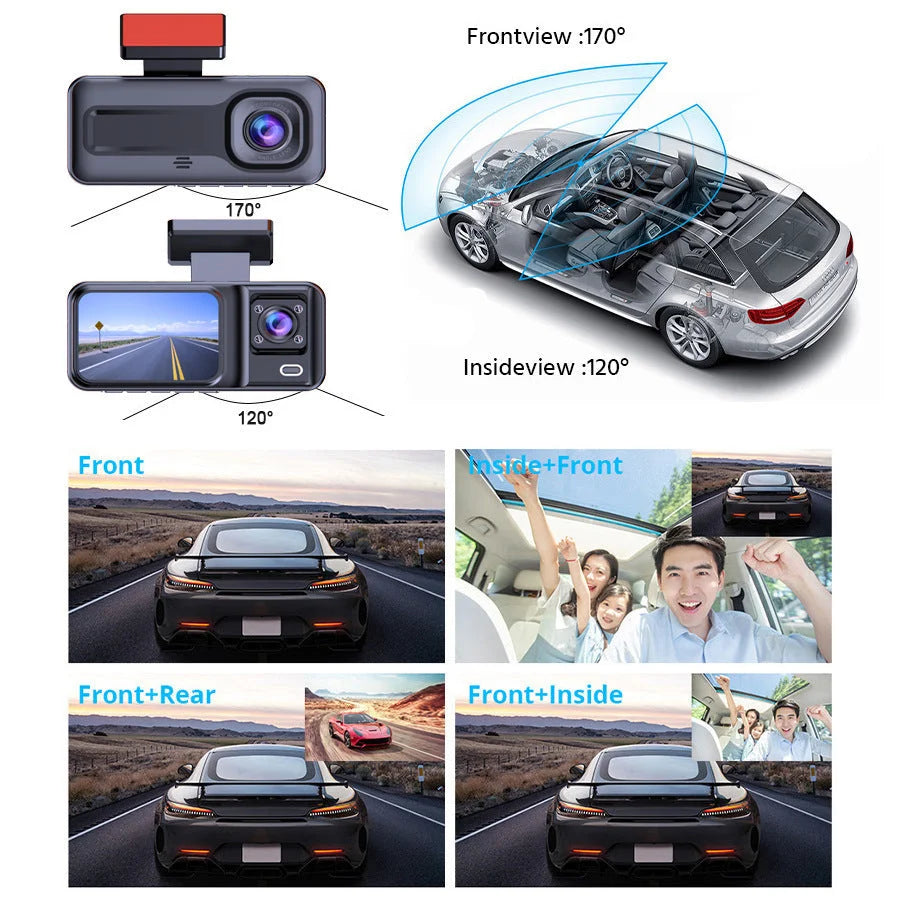 Front and Rear Triple Lens Dash Cam 1080P HD Three-Lens