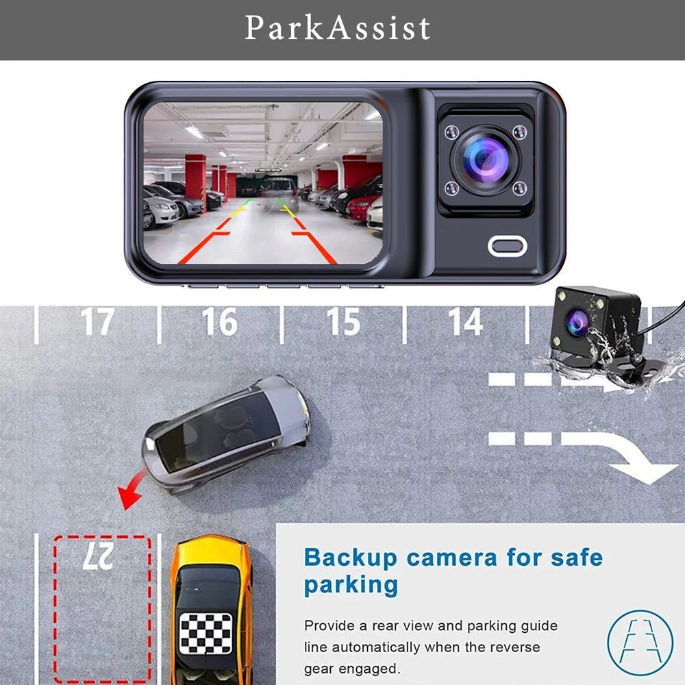 Front and Rear Triple Lens Dash Cam 1080P HD Three-Lens