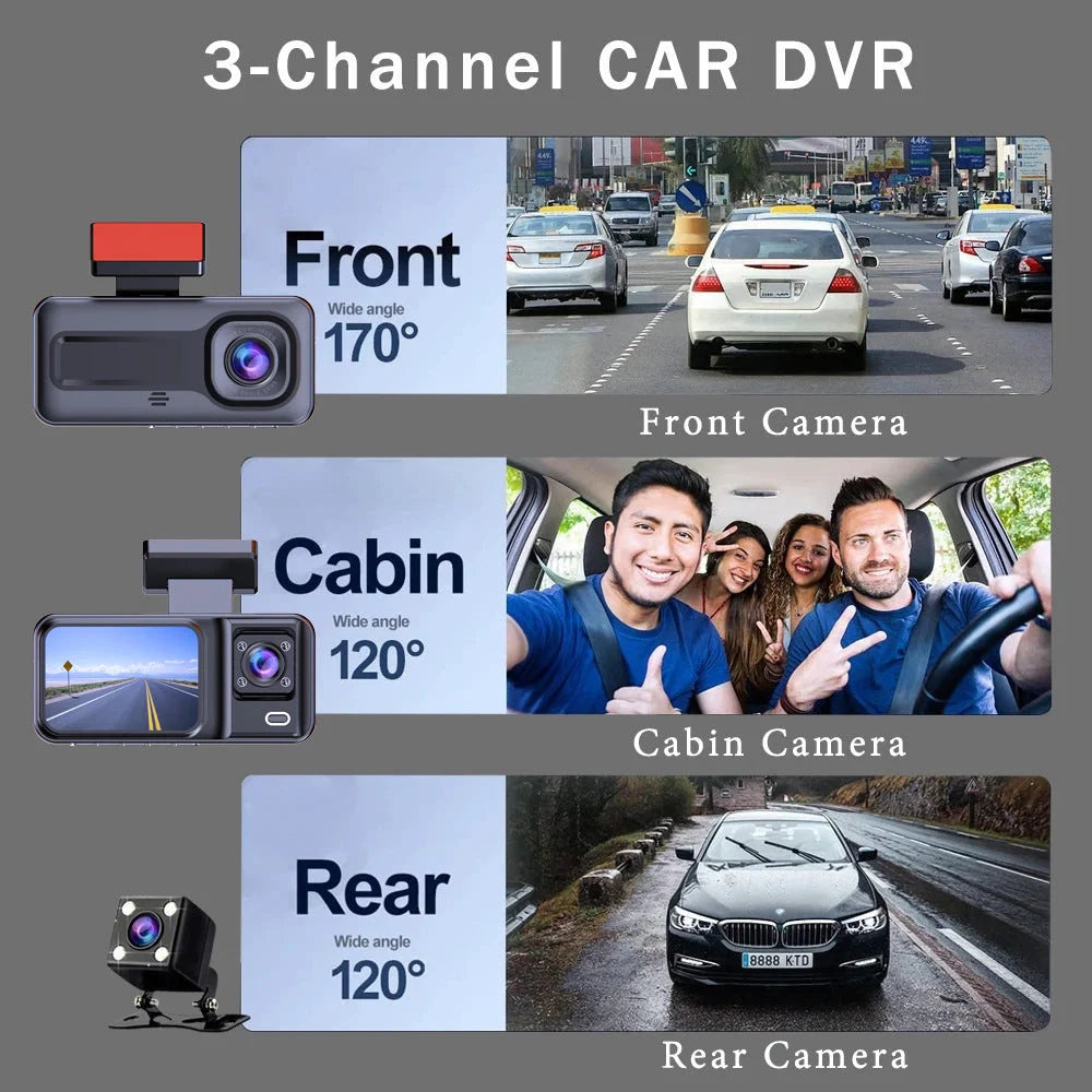 Front and Rear Triple Lens Dash Cam 1080P HD Three-Lens