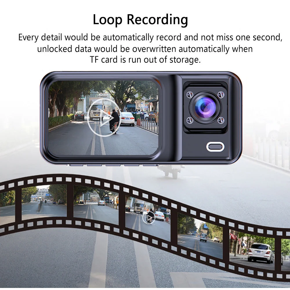 Front and Rear Triple Lens Dash Cam 1080P HD Three-Lens