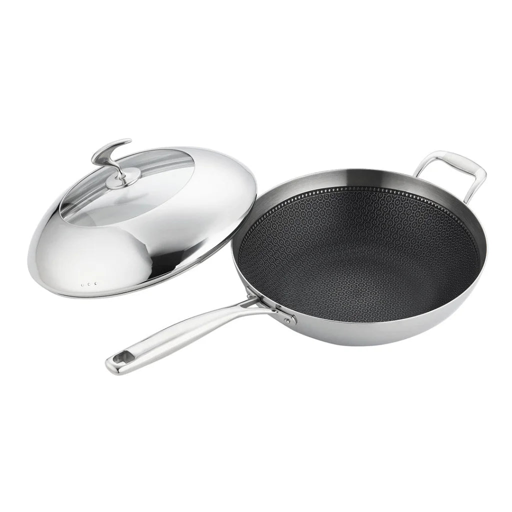 Fry Pan Premium 18/10 Stainless Steel 32cm Non-Stick Interior Skillet with Helper Handle and Lid