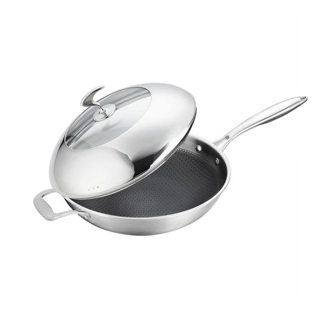 Fry Pan Premium 18/10 Stainless Steel 32cm Non-Stick Interior Skillet with Helper Handle and Lid