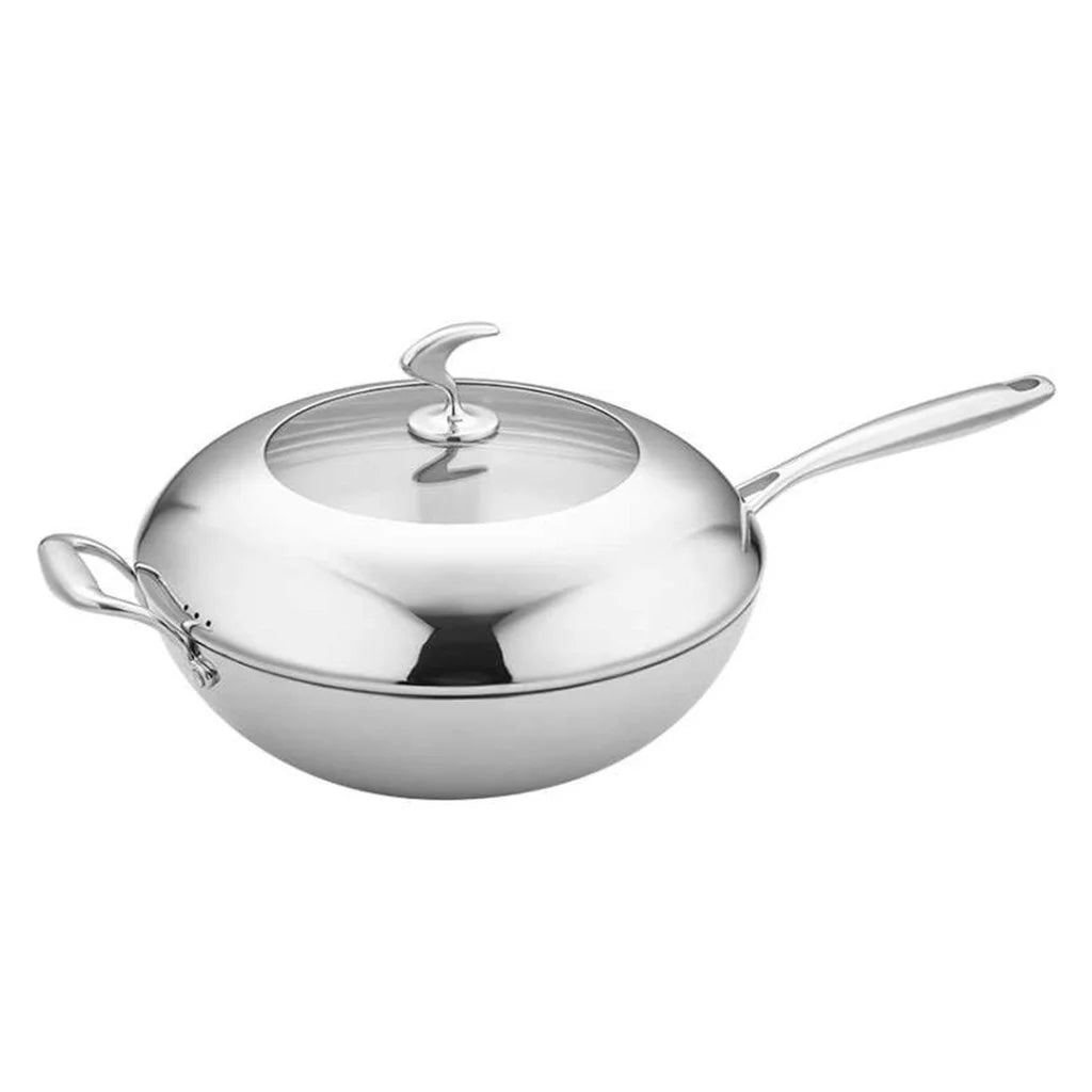Fry Pan Premium 18/10 Stainless Steel 32cm Non-Stick Interior Skillet with Helper Handle and Lid
