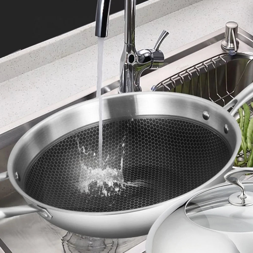 Fry Pan Premium 18/10 Stainless Steel 32cm Non-Stick Interior Skillet with Helper Handle and Lid