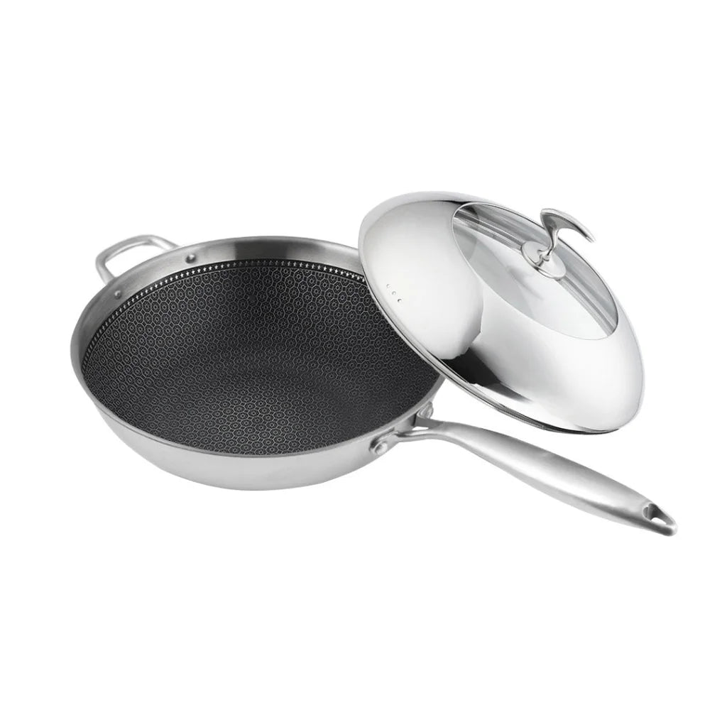 Fry Pan Premium 18/10 Stainless Steel 32cm Non-Stick Interior Skillet with Helper Handle and Lid