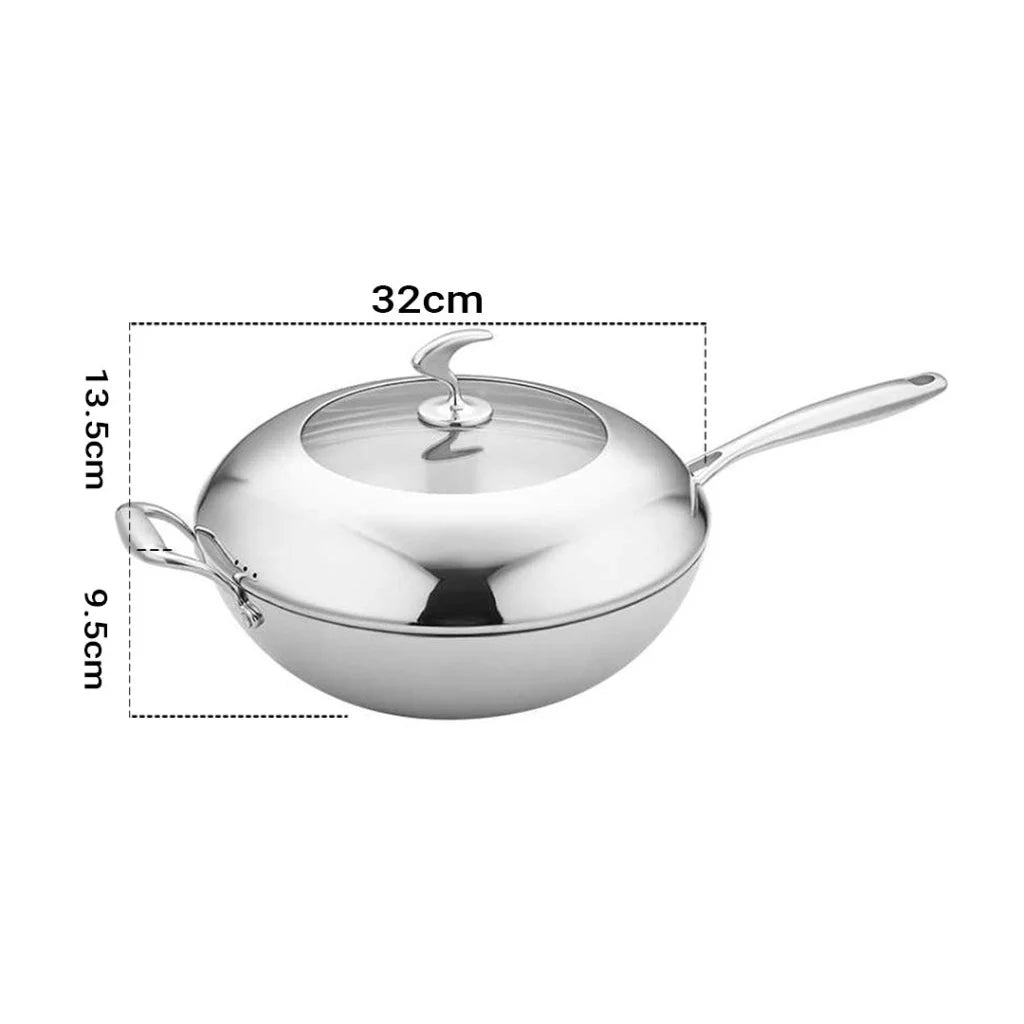Fry Pan Premium 18/10 Stainless Steel 32cm Non-Stick Interior Skillet with Helper Handle and Lid