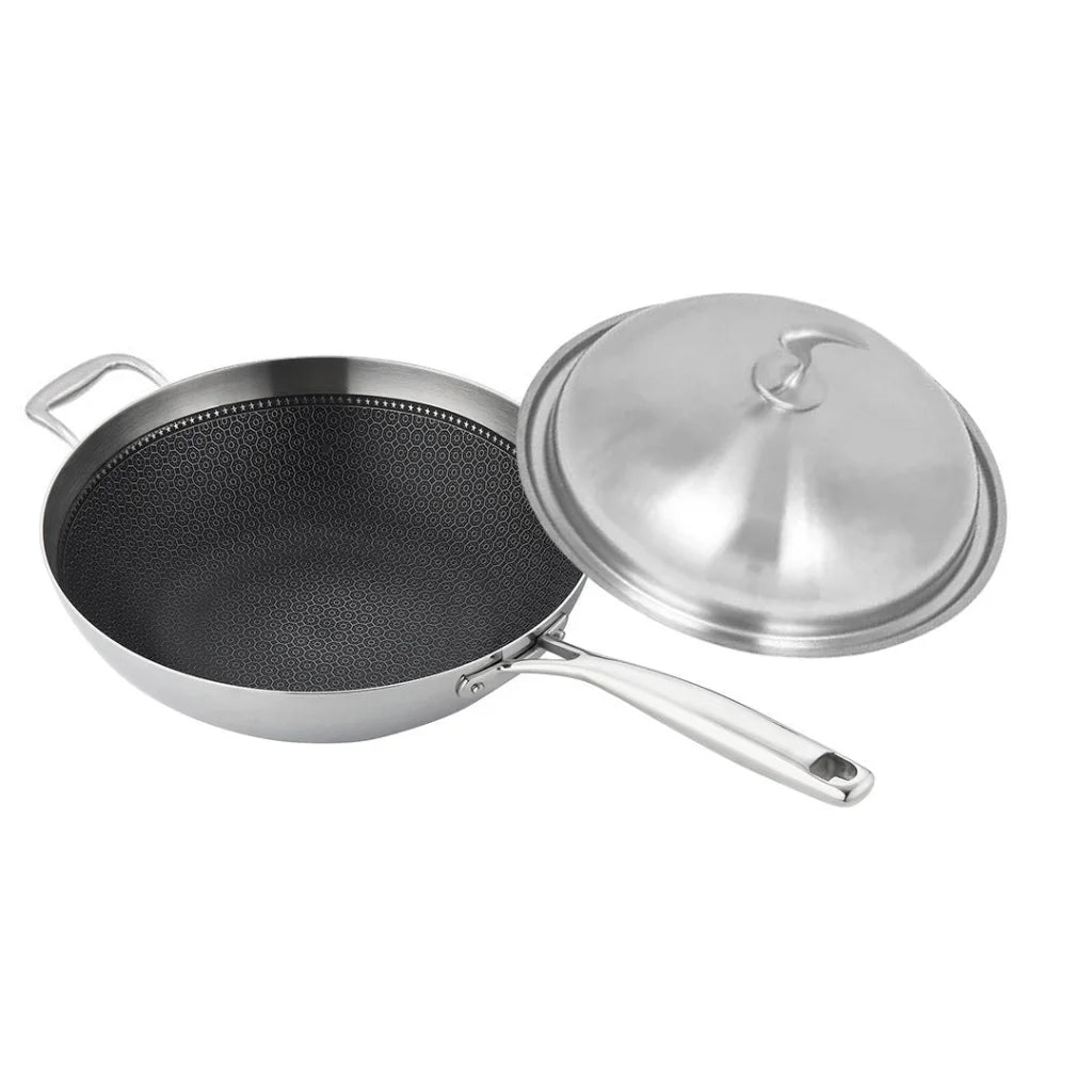 Fry Pan Premium 18/10 Stainless Steel 34cm Top Grade Textured Non-Stick Interior Skillet with Helper Handle and Lid