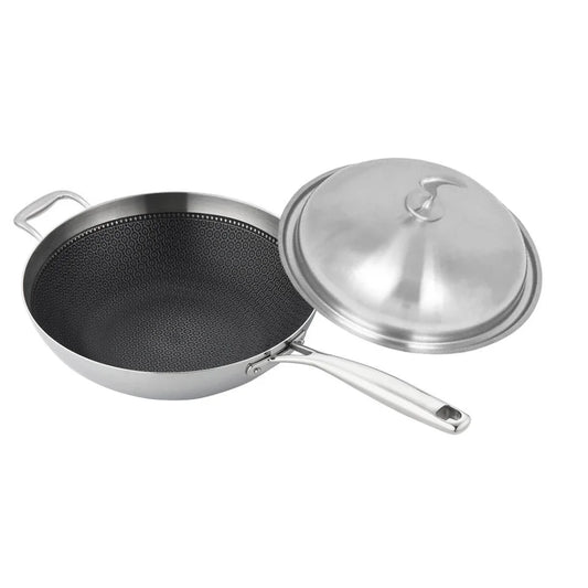 Fry Pan Premium 18/10 Stainless Steel 34cm Top Grade Textured Non-Stick Interior Skillet with Helper Handle and Lid