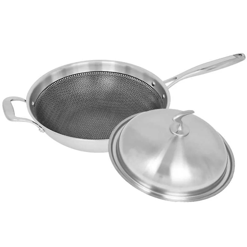 Fry Pan Premium 18/10 Stainless Steel 34cm Top Grade Textured Non-Stick Interior Skillet with Helper Handle and Lid