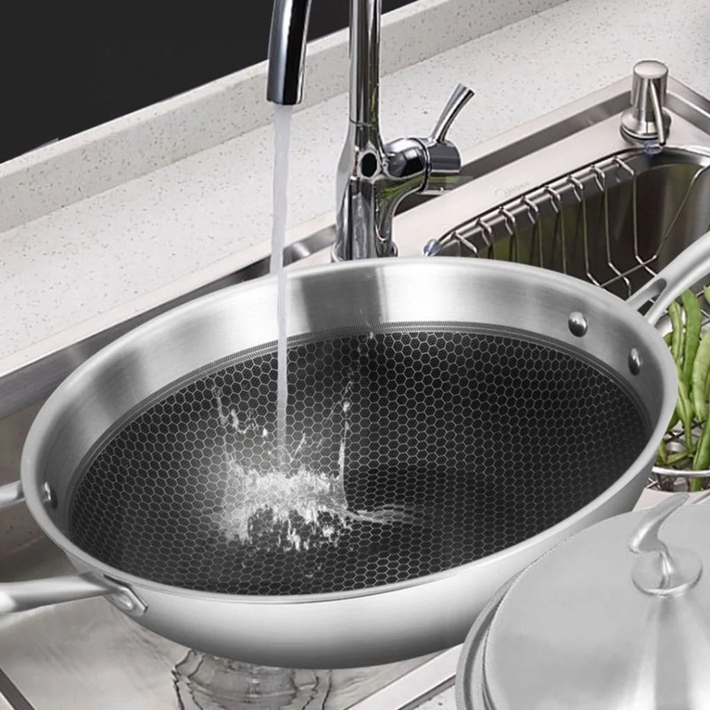 Fry Pan Premium 18/10 Stainless Steel 34cm Top Grade Textured Non-Stick Interior Skillet with Helper Handle and Lid