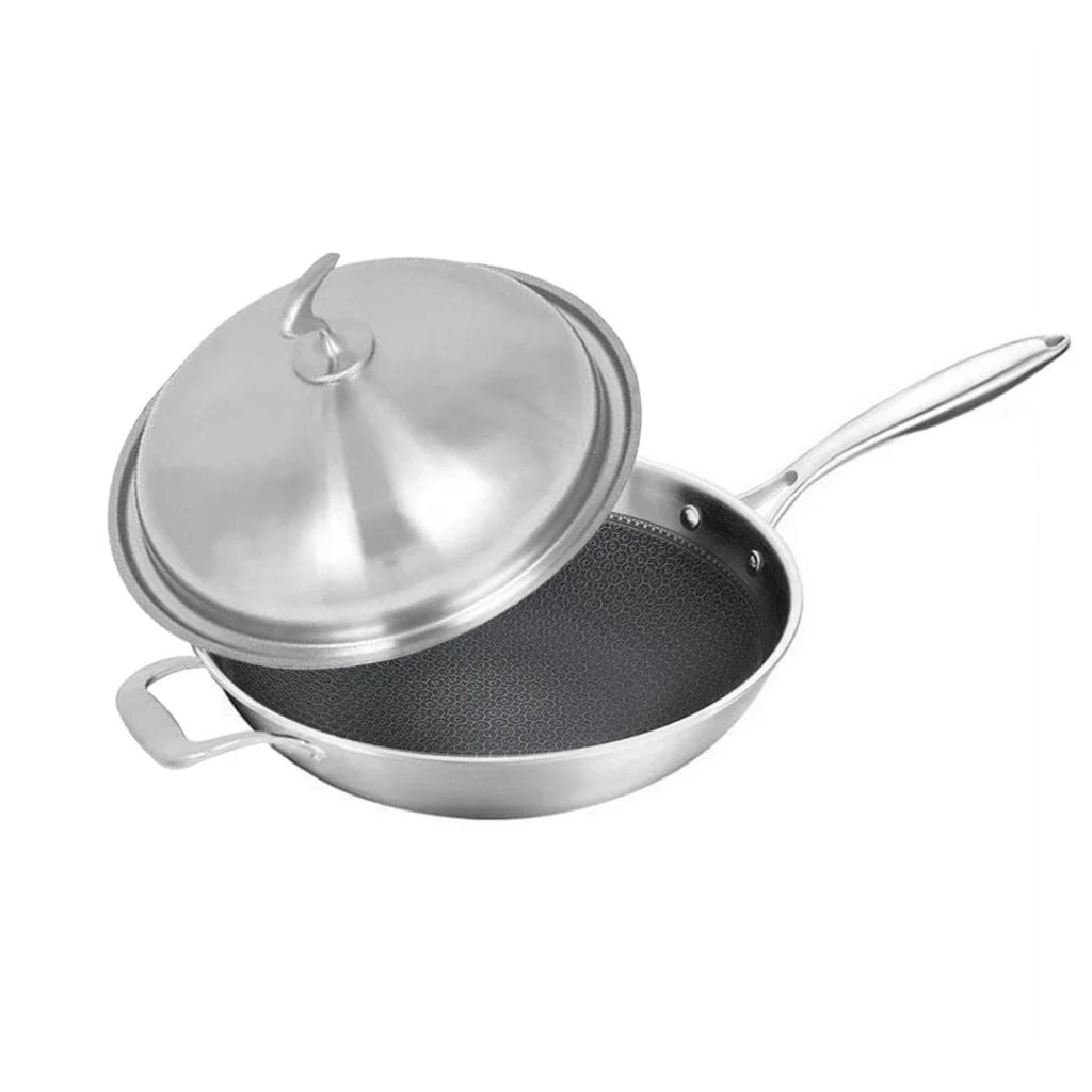 Fry Pan Premium 18/10 Stainless Steel 34cm Top Grade Textured Non-Stick Interior Skillet with Helper Handle and Lid
