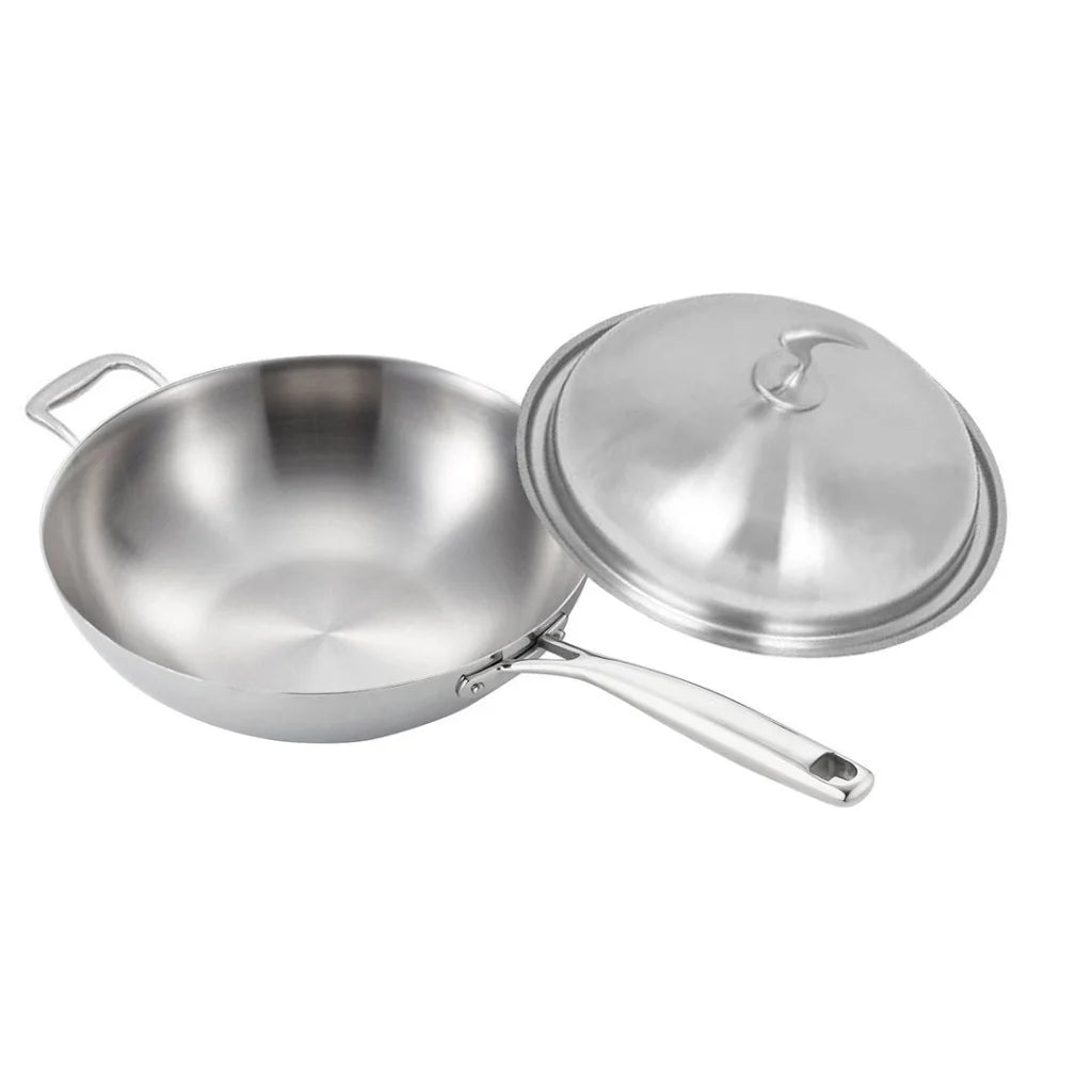 Fry Pan Premium 18/10 Stainless Steel 36cm Top Grade Skillet with Helper Handle and Lid