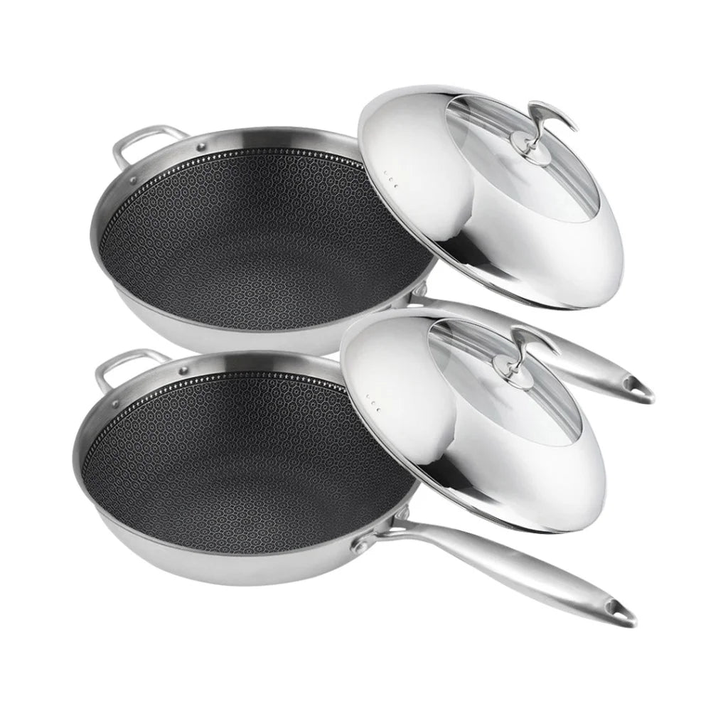 Fry Pan Premium 2X 18/10 Stainless Steel 32cm Top Grade Non-Stick Interior Skillet with Helper Handle and Lid
