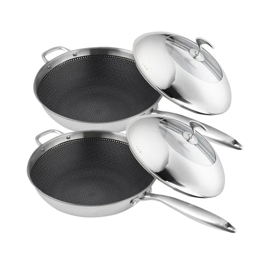 Fry Pan Premium 2X 18/10 Stainless Steel 32cm Top Grade Non-Stick Interior Skillet with Helper Handle and Lid