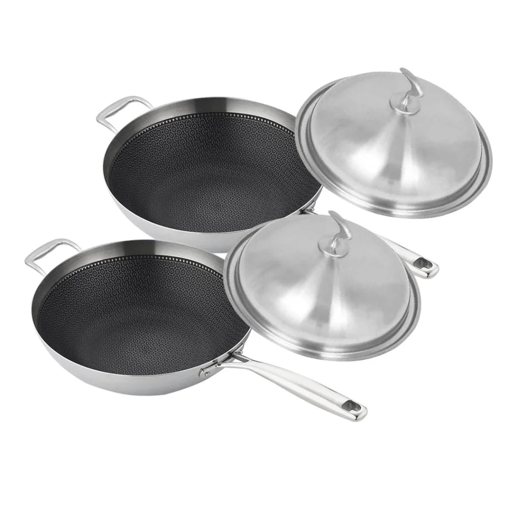 Fry Pan Premium 2X 18/10 Stainless Steel 34cm Top Grade Textured Non-Stick Interior Skillet with Helper Handle and Lid