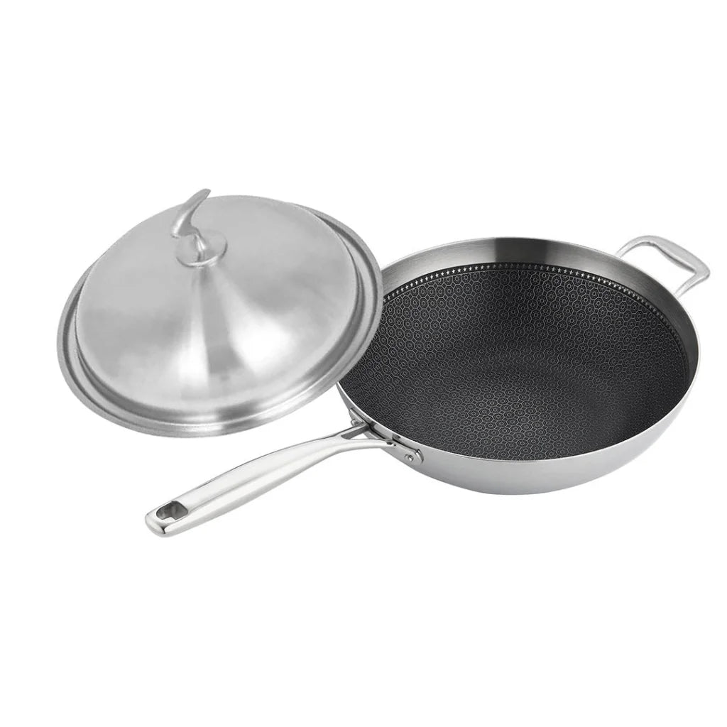 Fry Pan Premium 2X 18/10 Stainless Steel 34cm Top Grade Textured Non-Stick Interior Skillet with Helper Handle and Lid