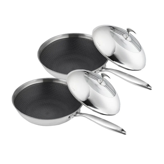 Fry Pan Set Premium 2X 18/10 Stainless Steel 30cm Cooking Non-Stick Interior Skillet with Lid