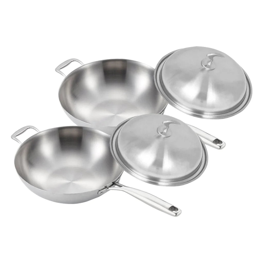 Fry Pan Set Premium 2X 18/10 Stainless Steel 36cm Top Grade Skillet with Helper Handle and Lid