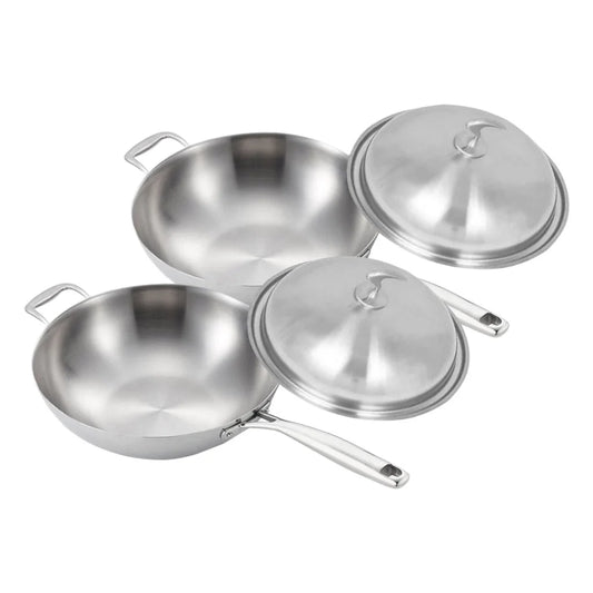 Fry Pan Set Premium 2X 18/10 Stainless Steel 36cm Top Grade Skillet with Helper Handle and Lid