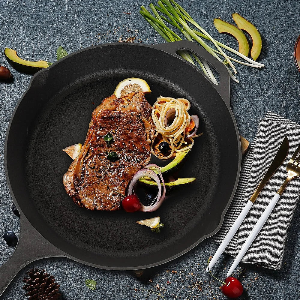 Frying Pan Non-Stick Cast Iron Steak Skillet Round BBQ