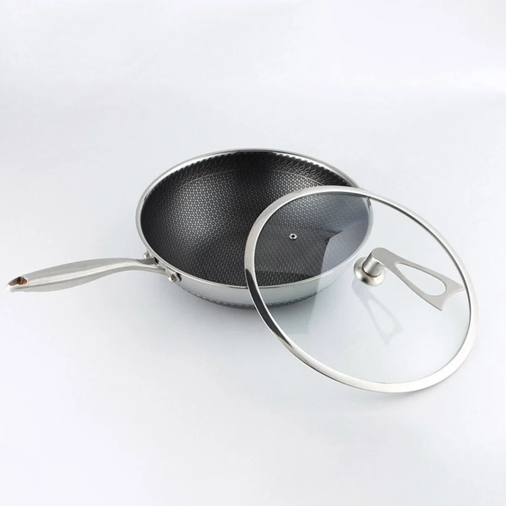 Frying Pan Premium 32cm Stainless Steel Tri-Ply Cooking Skillet Textured Non-Stick Interior with Glass Lid