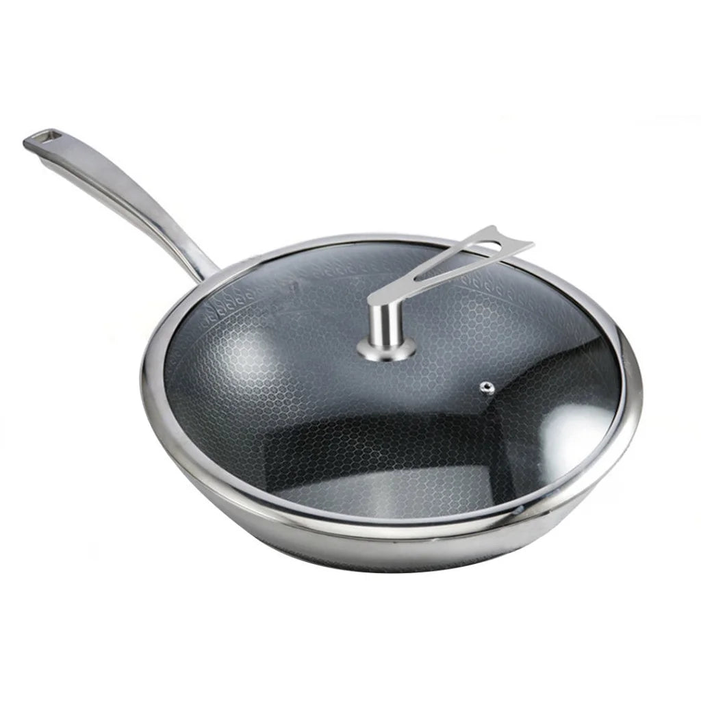 Frying Pan Premium 32cm Stainless Steel Tri-Ply Cooking Skillet Textured Non-Stick Interior with Glass Lid