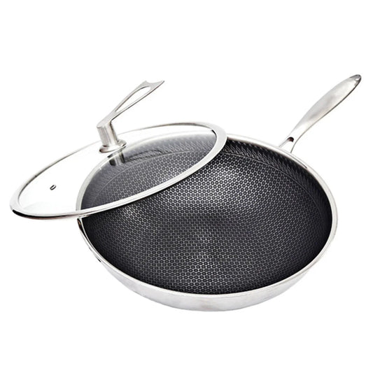 Frying Pan Premium 32cm Stainless Steel Tri-Ply Cooking Skillet Textured Non-Stick Interior with Glass Lid