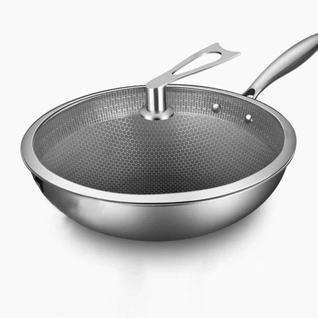 Frying Pan Premium 32cm Stainless Steel Tri-Ply Cooking Skillet Textured Non-Stick Interior with Glass Lid