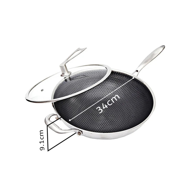Frying Pan Premium 34cm Stainless Steel Tri-Ply Cooking Skillet Textured Non-Stick with Glass Lid and Helper Handle