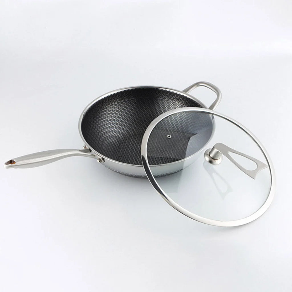 Frying Pan Premium 34cm Stainless Steel Tri-Ply Cooking Skillet Textured Non-Stick with Glass Lid and Helper Handle