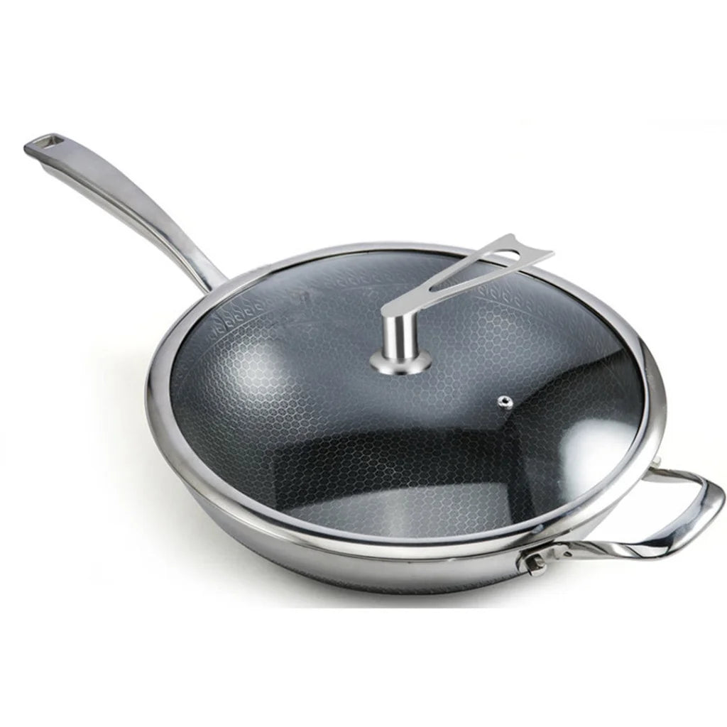 Frying Pan Premium 34cm Stainless Steel Tri-Ply Cooking Skillet Textured Non-Stick with Glass Lid and Helper Handle