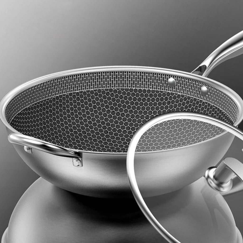 Frying Pan Premium 34cm Stainless Steel Tri-Ply Cooking Skillet Textured Non-Stick with Glass Lid and Helper Handle