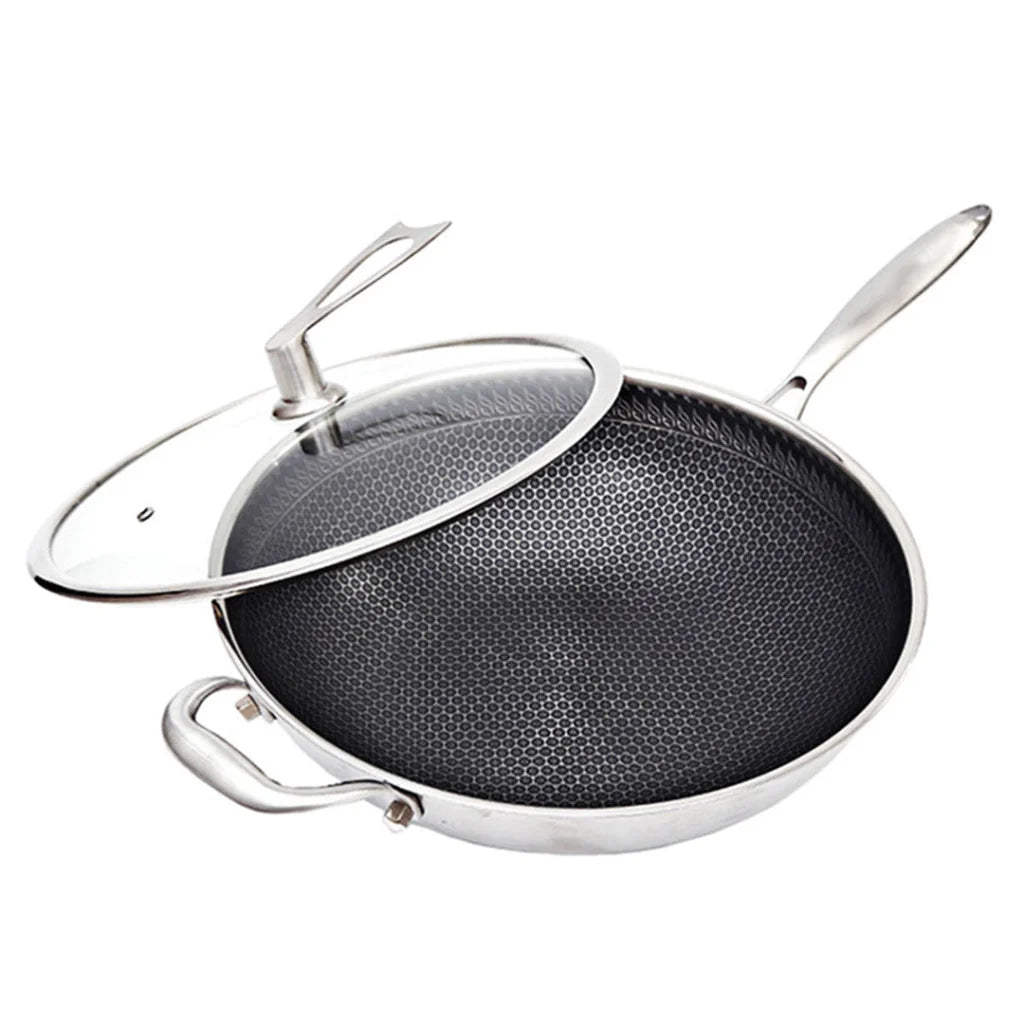 Frying Pan Premium 34cm Stainless Steel Tri-Ply Cooking Skillet Textured Non-Stick with Glass Lid and Helper Handle