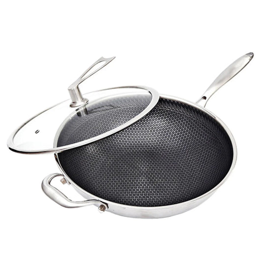 Frying Pan Premium 34cm Stainless Steel Tri-Ply Cooking Skillet Textured Non-Stick with Glass Lid and Helper Handle