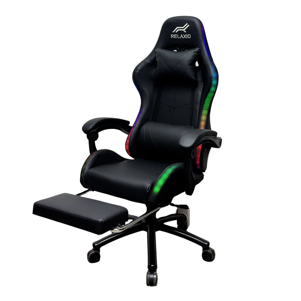 Gaming Chair With Headrest and Foot Rest LED Light - Black