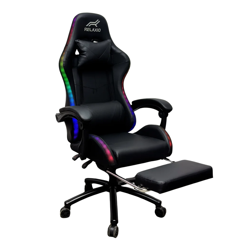 Gaming Chair With Headrest and Foot Rest LED Light - Black