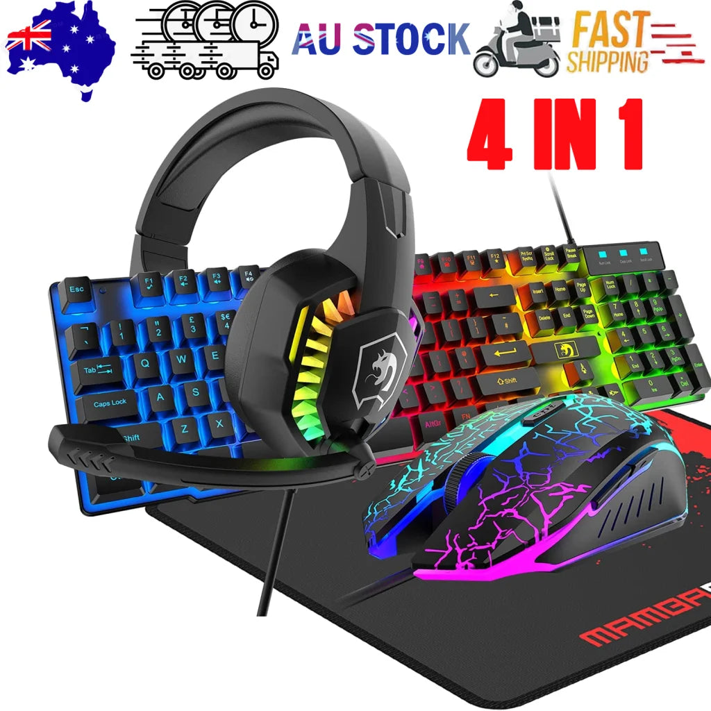 Gaming Keyboard and Mouse Headset Mousepad Set RGB