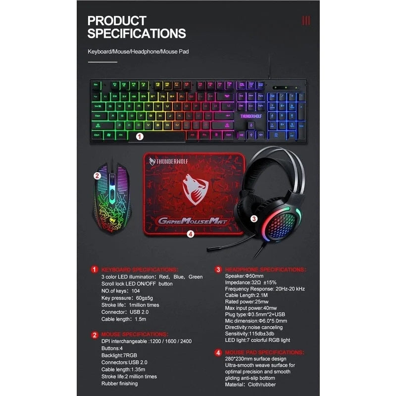 Gaming Kit 4-Piece Rainbow Keyboard/Mouse/Headphone/Mouse