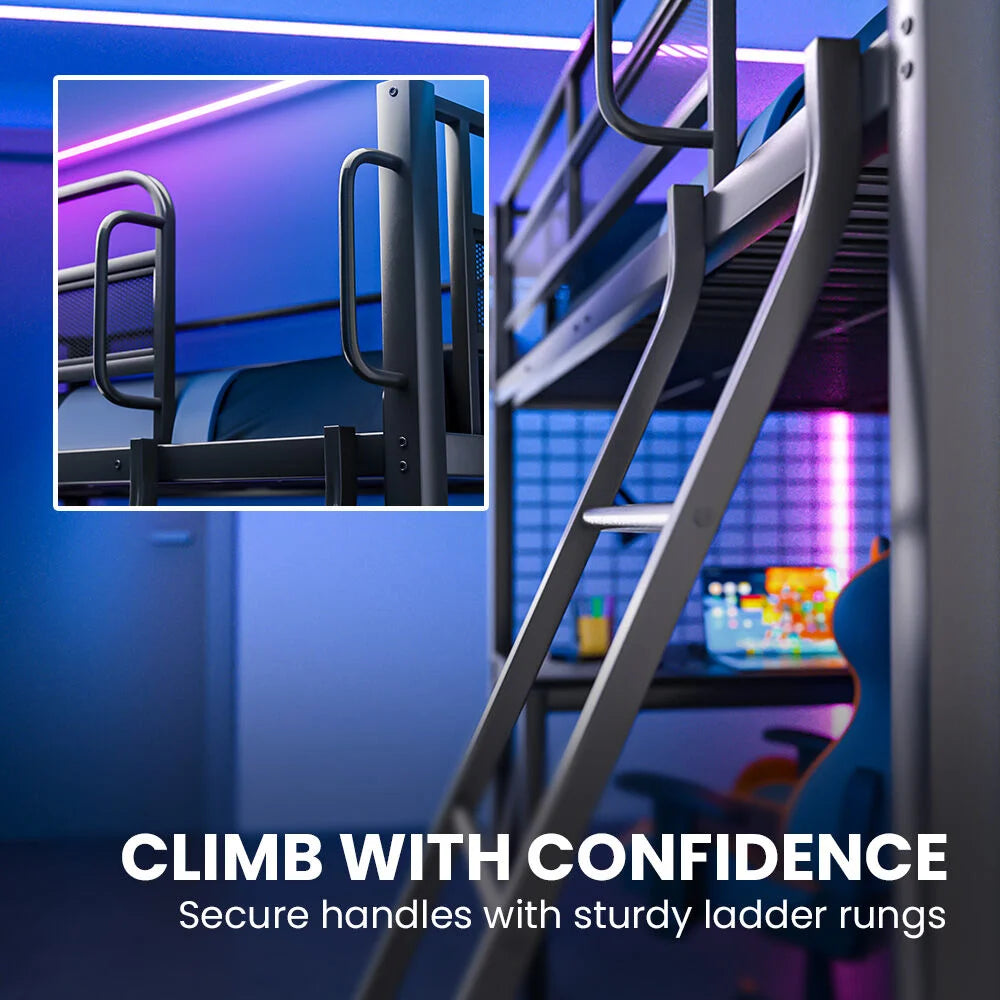 Gaming Loft Bed with Desk Gridwall Steel Metal Frame Space