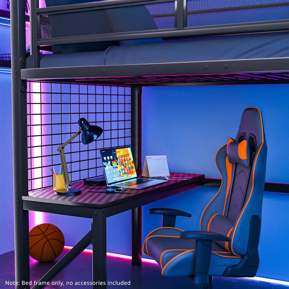 Gaming Loft Bed with Desk Gridwall Steel Metal Frame Space