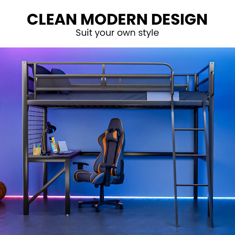 Gaming Loft Bed with Desk Gridwall Steel Metal Frame Space