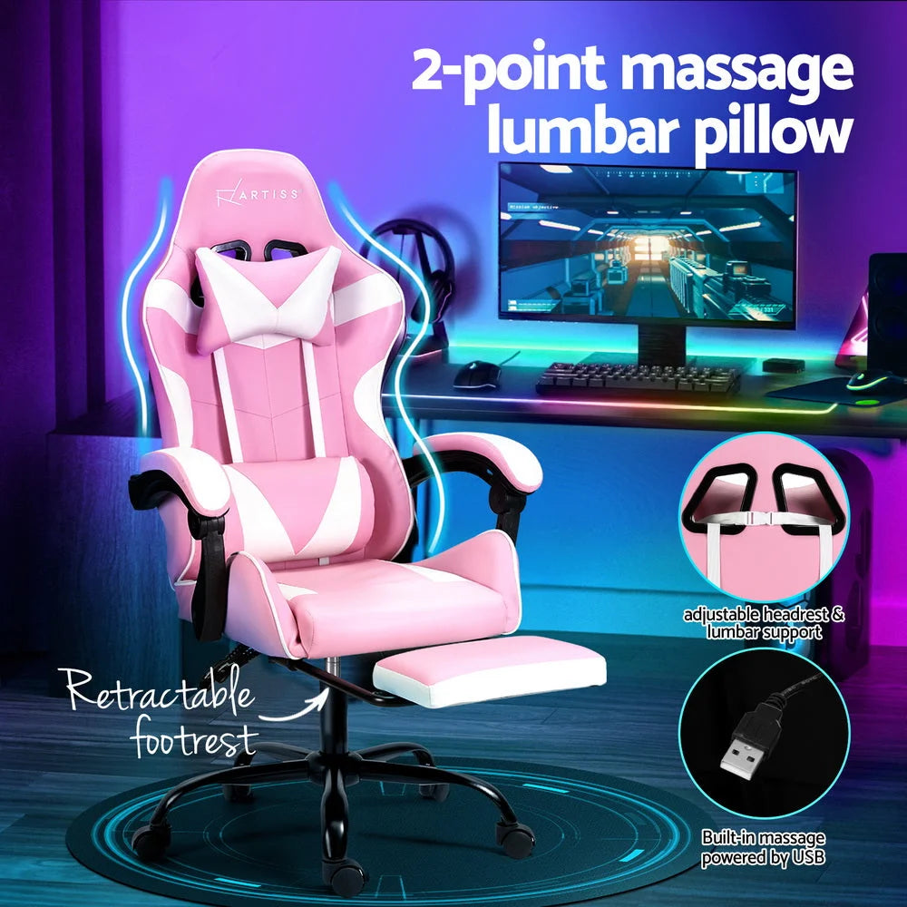 Gaming Office Chair 2 Point Massage with Footrest - Pink