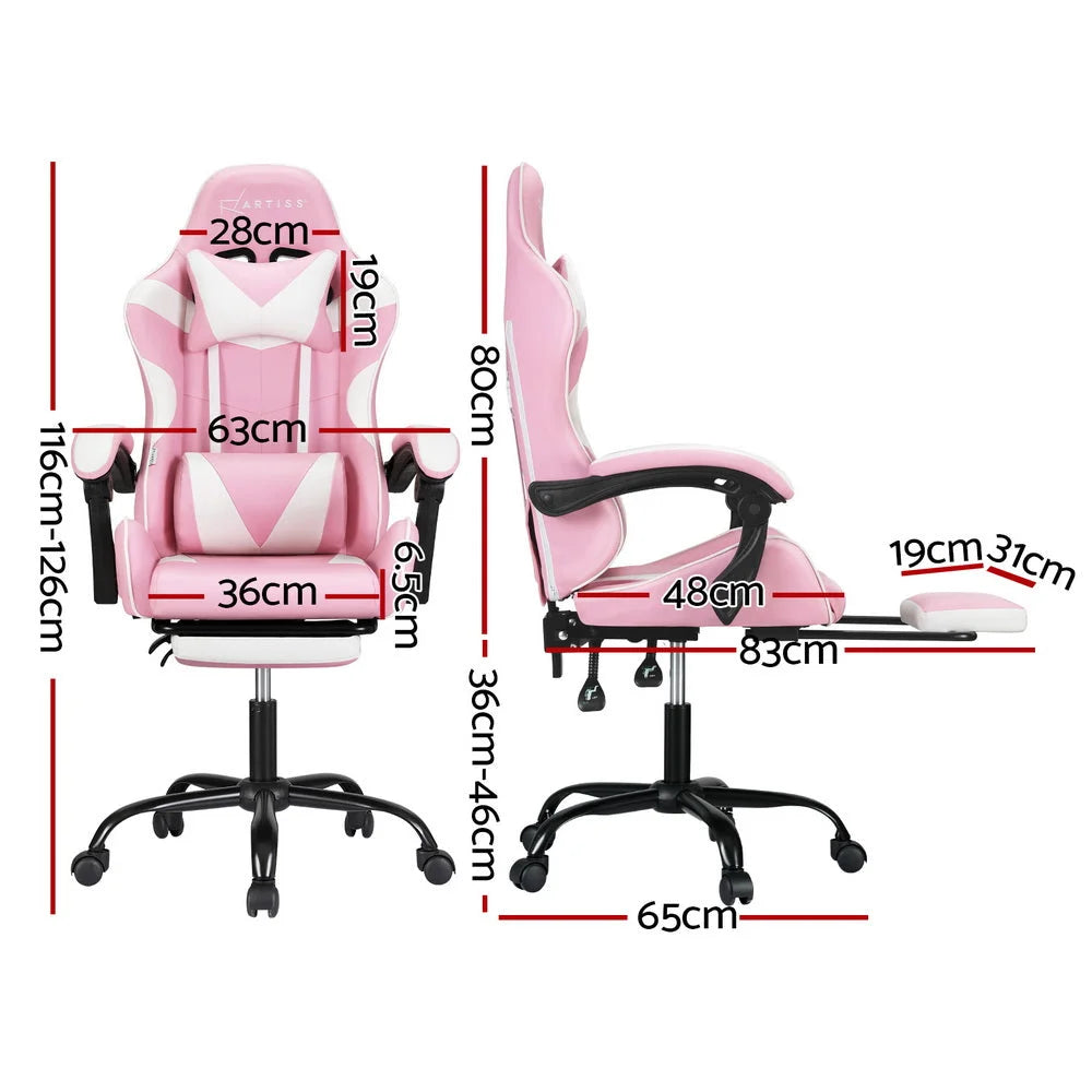 Gaming Office Chair 2 Point Massage with Footrest - Pink