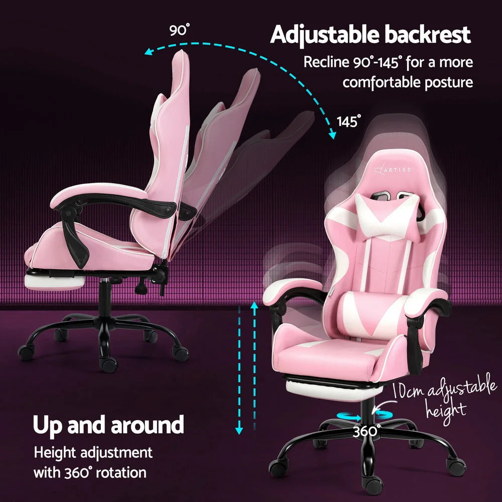 Gaming Office Chair 2 Point Massage with Footrest - Pink