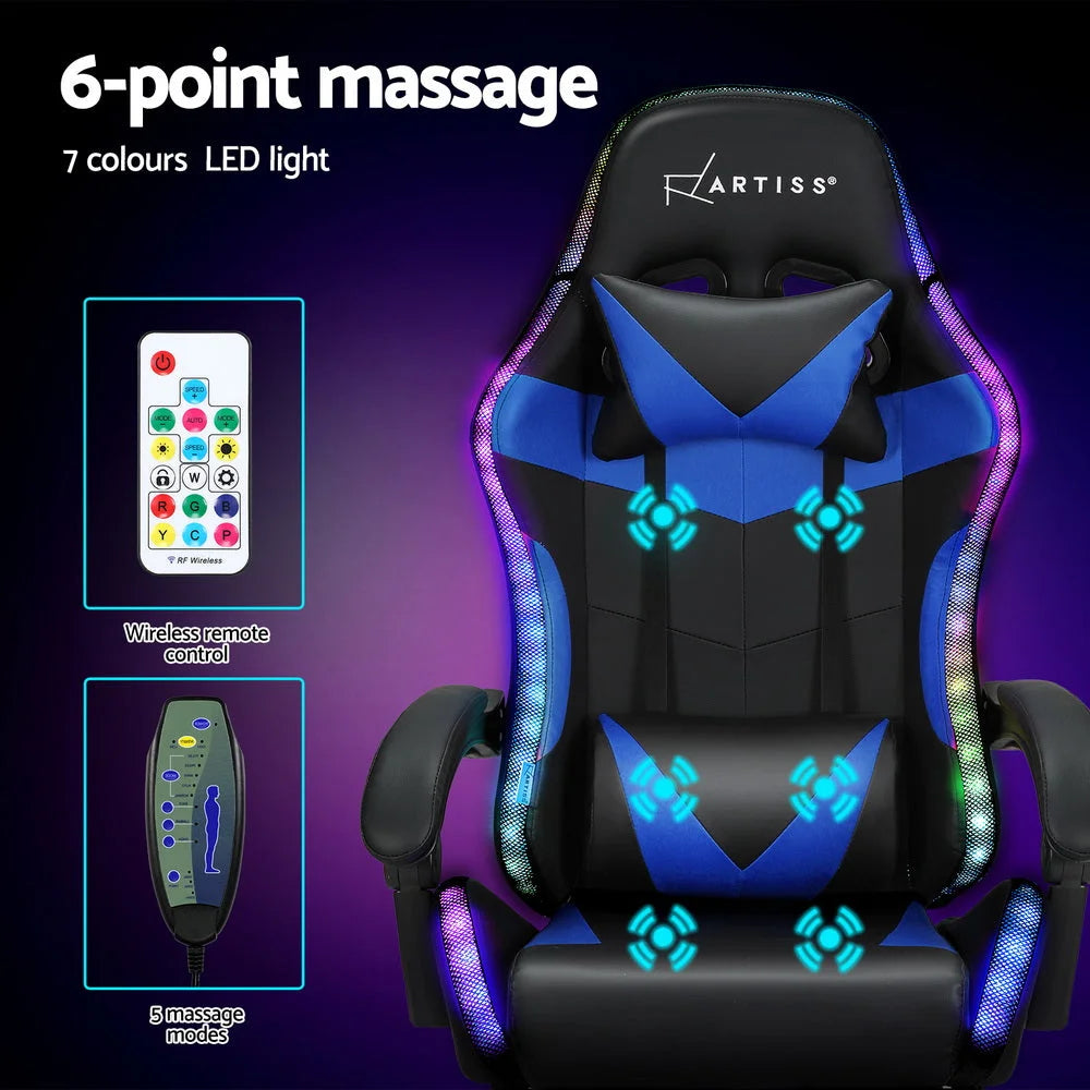 Gaming Office Chair 6 Point Massage 7 LED with Footrest